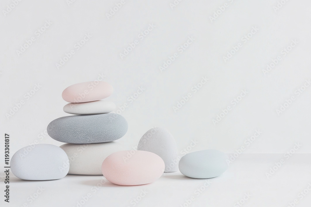 Balanced pastel stones on minimalist background in harmony Balanced pastel stones on minimalist background in harmony