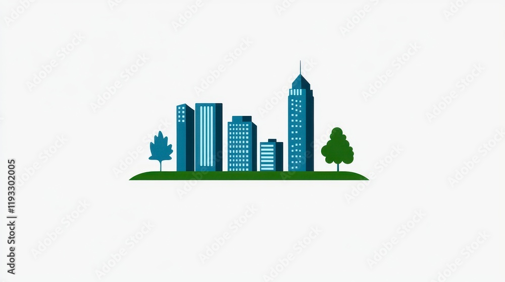 Fototapeta premium A minimalist city skyline illustration featuring modern buildings and green trees for a clean visual identity.