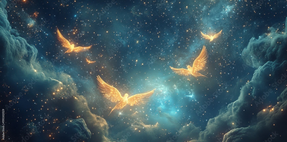 Golden Birds Soaring Through A Celestial Nebula Golden Birds Soaring Through A Celestial Nebula