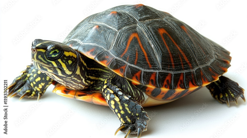 Vibrant Turtle with Orange and Yellow Markings on Clean White Background Vibrant Turtle with Orange and Yellow Markings on Clean White Background