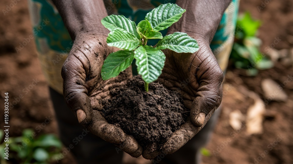 Hands Cradling Young Plant with Rich Soil in Agricultural Setting Hands Cradling Young Plant with Rich Soil in Agricultural Setting
