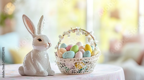 ceramic bunny figurine sitting beside decorative basket filled with colorful eggs on pastel tablecloth photo