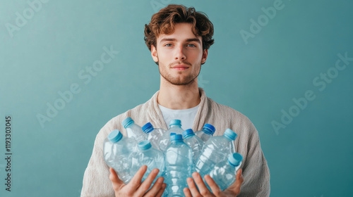 Young Caucasian man holding plastic bottles against a blue background promoting recycling and sustainability photo