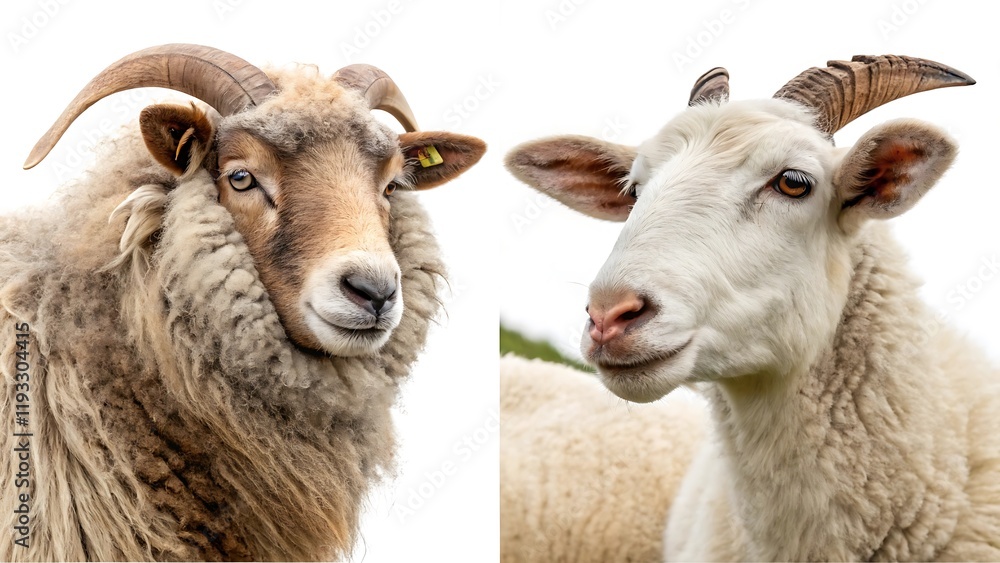 Fototapeta premium Set of sheep portraits on transparent background. Domestic and wild animal concept