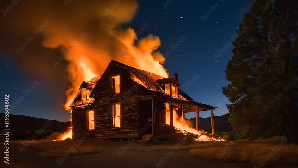 Burning Farmhouse: A Dramatic Nighttime Inferno Burning Farmhouse: A Dramatic Nighttime Inferno