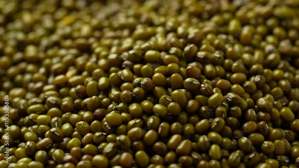Macro video of mung beans kept on rotating surface. Bunch of moong beans. Macro video of mung beans kept on rotating surface. Bunch of moong beans.