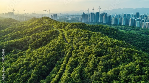 Aerial view of lush green hills transitioning to a city skyline with wind turbines in the background