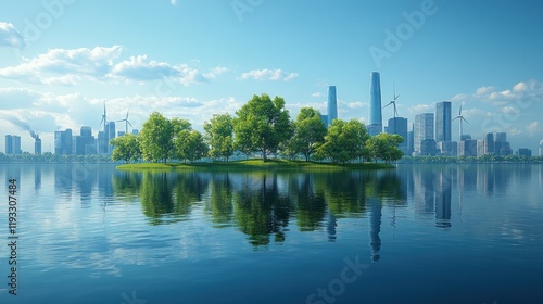 Serene urban landscape with lush greenery and skyscrapers reflecting in calm waters under a clear sky