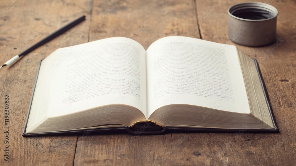 Open Book on Wooden Table with Pen and Container for Writing, Opened book on table concept. Open Book on Wooden Table with Pen and Container for Writing, Opened book on table concept.