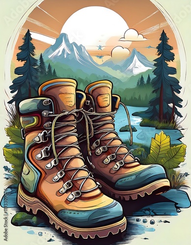 Fun hiking t-shirt design with cartoon boots, a colorful nature backdrop, and adventure essentials. Generative AI photo