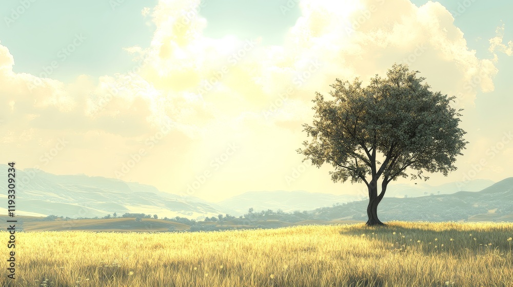 Serene Landscape with Lone Tree Under Soft Sunlight and Clouds Serene Landscape with Lone Tree Under Soft Sunlight and Clouds