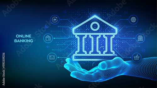 Bank icon in wireframe hand. Online banking service application. Money transaction, e-commerce. Finance and banking global internet connection. Financial transaction. API Fintech. Vector illustration.
