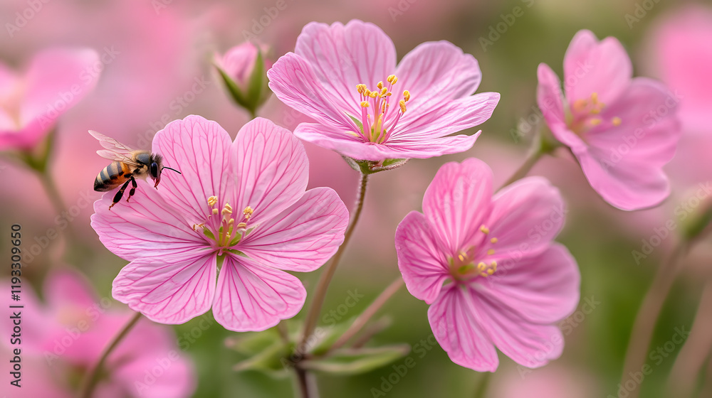 Macro Close-Up of Pink Wildflowers with Bees Gathering Nectar Macro Close-Up of Pink Wildflowers with Bees Gathering Nectar