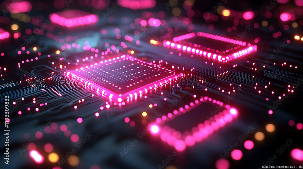 Obraz premium Glowing Pink Microchips on a Circuit Board: Abstract Technology Background