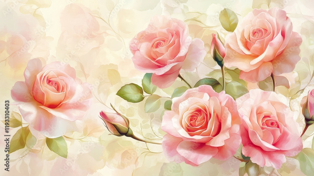 Soft Pink Roses with Delicate Petals on Pastel Floral Background Soft Pink Roses with Delicate Petals on Pastel Floral Background
