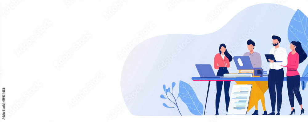 A group of professionals collaborating around a table with laptops and documents in a modern, creative workspace.