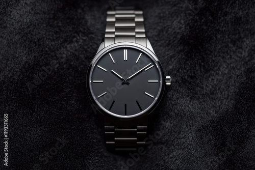 Wallpaper Mural A sleek, minimalist watch with a dark face and silver band, elegantly displayed on a textured black surface. Torontodigital.ca