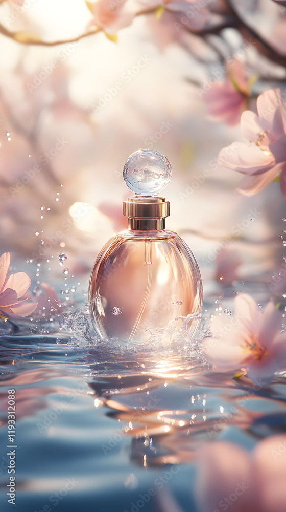 Luxury Perfume Still Life with Water Wave Surround Luxury Perfume Still Life with Water Wave Surround