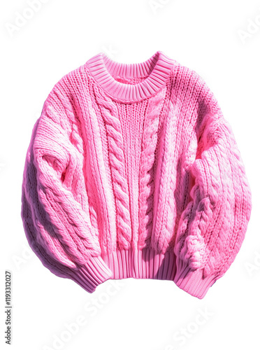 Cozy, warm pink knitted sweater with a distinct texture, looking soft and comfortable, on a transparent background.