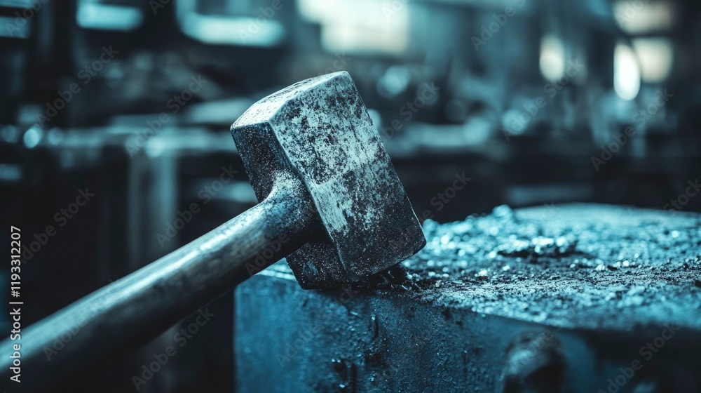 Worn Metal Hammer Rests On Anvil In Factory Worn Metal Hammer Rests On Anvil In Factory