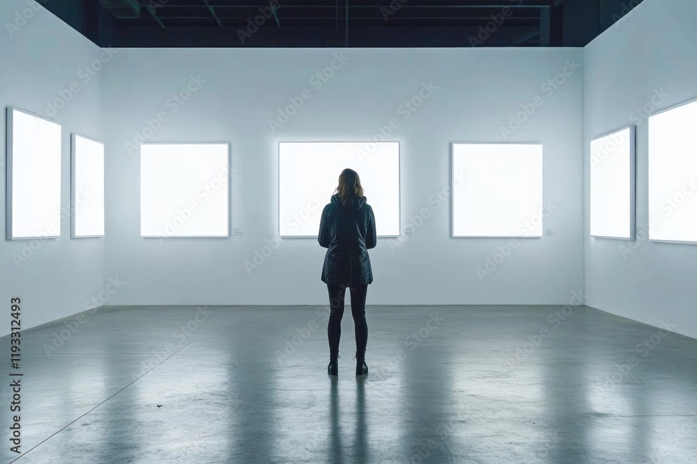Woman viewing blank canvases in a modern art gallery. Woman viewing blank canvases in a modern art gallery.