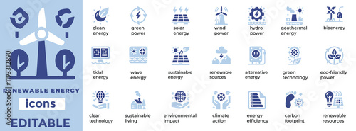 Renewable energy vector icons for sustainability, solar, wind, clean power, green tech, net-zero, and eco solutions