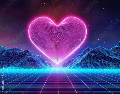 Generated image Heart shape with Synthwave wireframe net illustration. Abstract digital background