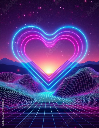 Generated image Heart shape with Synthwave wireframe net illustration. Abstract digital background