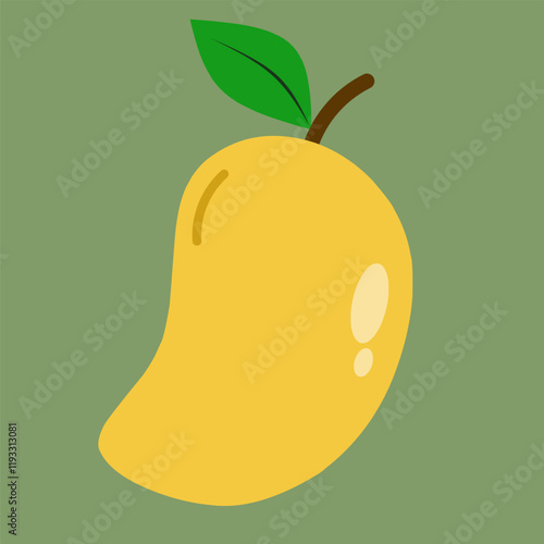Illustration of a sweet and juicy mango with leaf. An oval or egg-shaped fruit with green or yellow color. Mangifera indica, plant in the family Anacardiaceae. 
