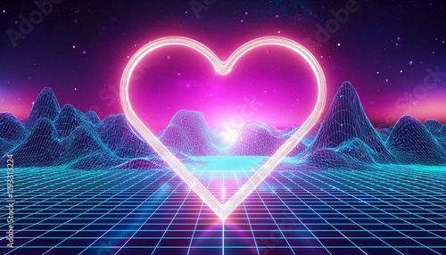 Generated image Heart shape with Synthwave wireframe net illustration. Abstract digital background
