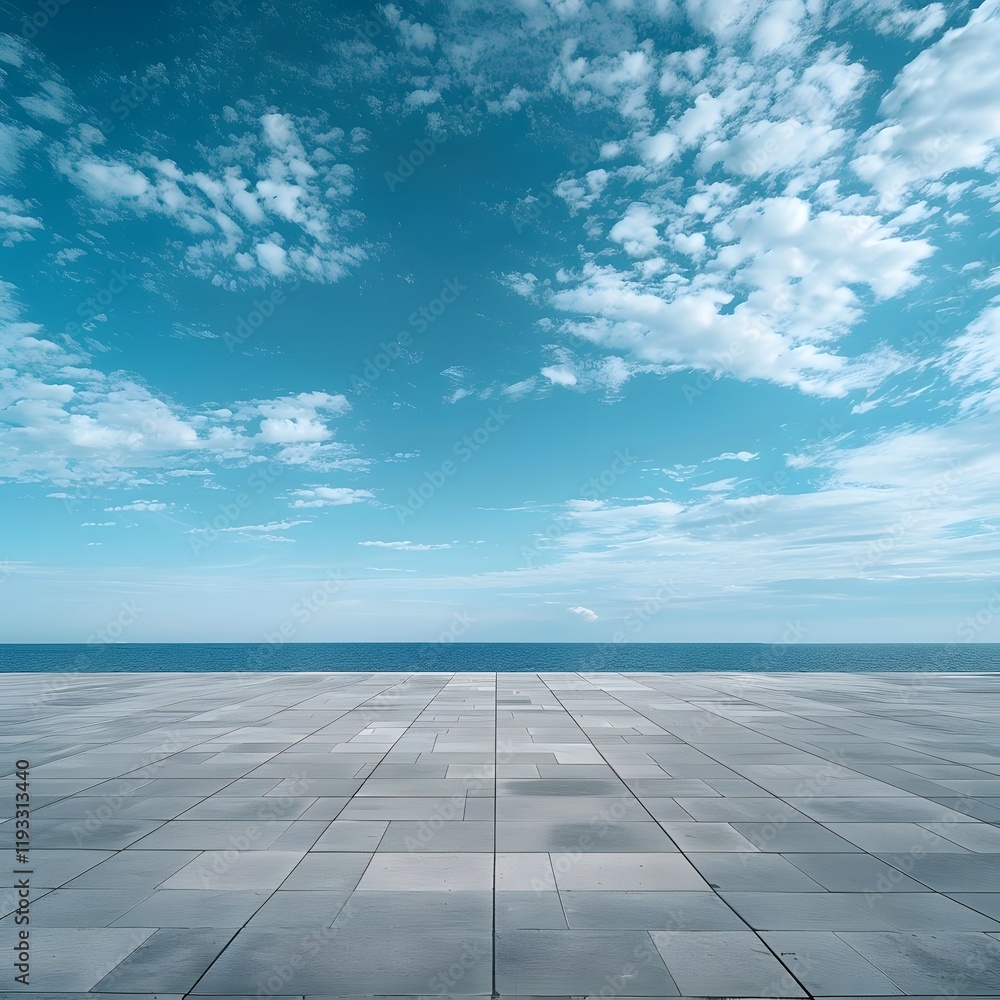Empty Square Pavement Meets Tranquil Seascape Horizon Under Serene Blue Sky Empty Square Pavement Meets Tranquil Seascape Horizon Under Serene Blue Sky