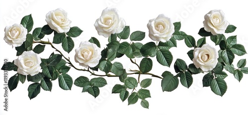 Set of  white roses with green leaves and soft petals
