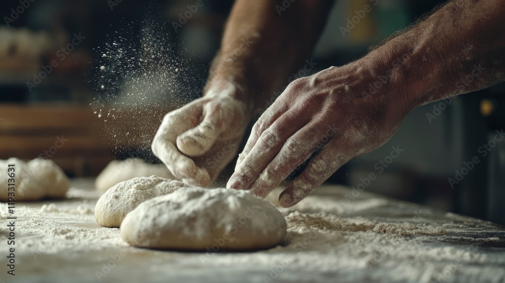 Fototapeta premium Bakers Hands Shaping Dough With Flour Dust