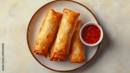 Delicious Plate of Three Golden Rolls Artfully Arranged on a Rustic Wooden Table with Soft Lighting