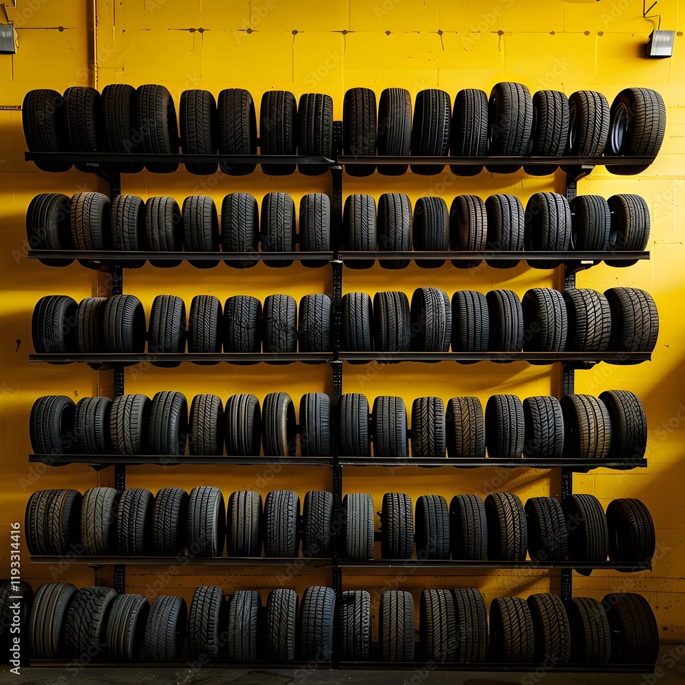 Organized Warehouse of Stacked Tires on Isolated Yellow Photographic Background Organized Warehouse of Stacked Tires on Isolated Yellow Photographic Background