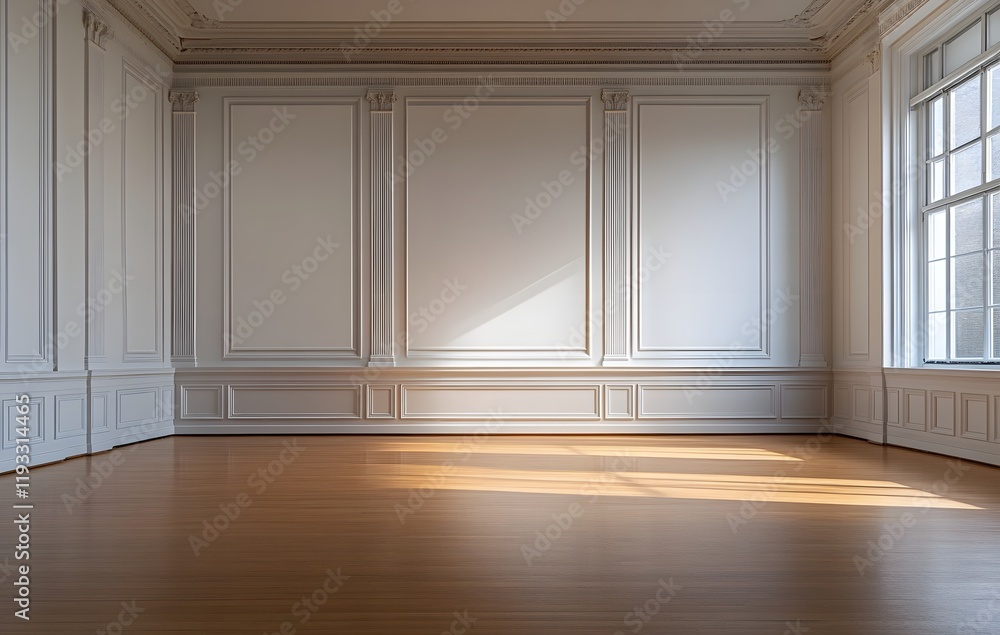 Fototapeta premium Expansive White Wall with Classic Wood Paneling and Hardwood Floor in Elegant Minimalist Interior