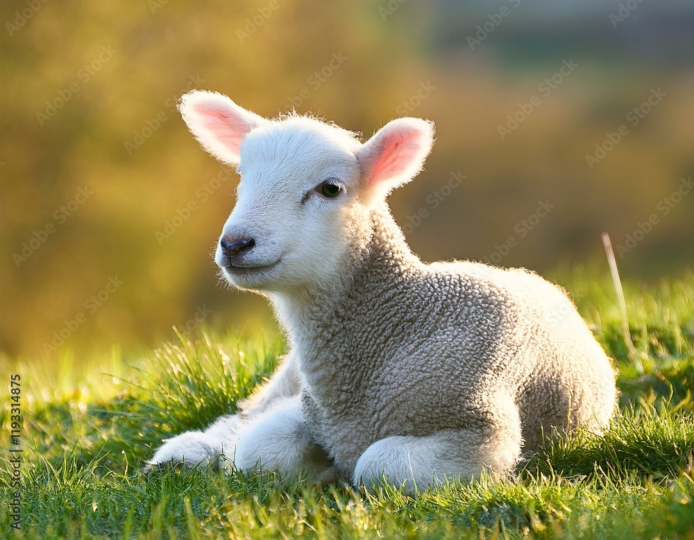 Fototapeta premium Generated image Lamb sitting in grass, baby sheep during lambing season, springtime