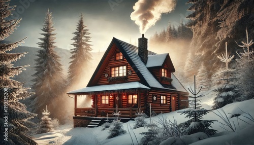 A cozy winter cabin in the woods with smoke rising from the chimney.
