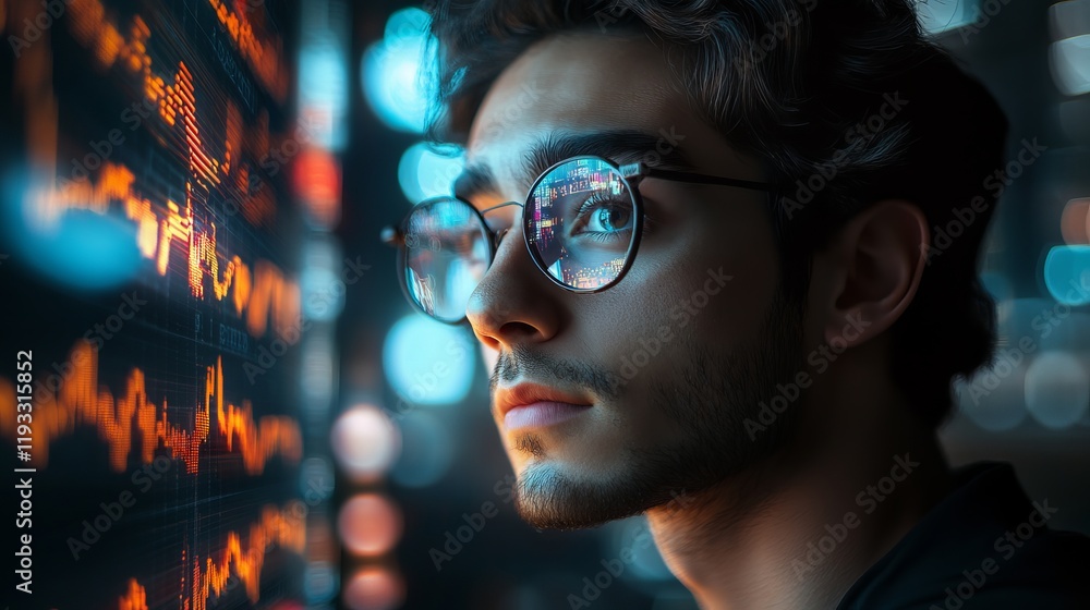 Thoughtful Man with Glasses Analyzing Stock Market Trends on Wall in Modern Office Setting Thoughtful Man with Glasses Analyzing Stock Market Trends on Wall in Modern Office Setting