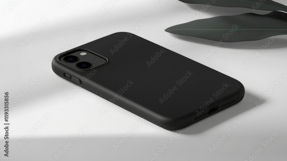 Black Smartphone Case On White Background With Leaves