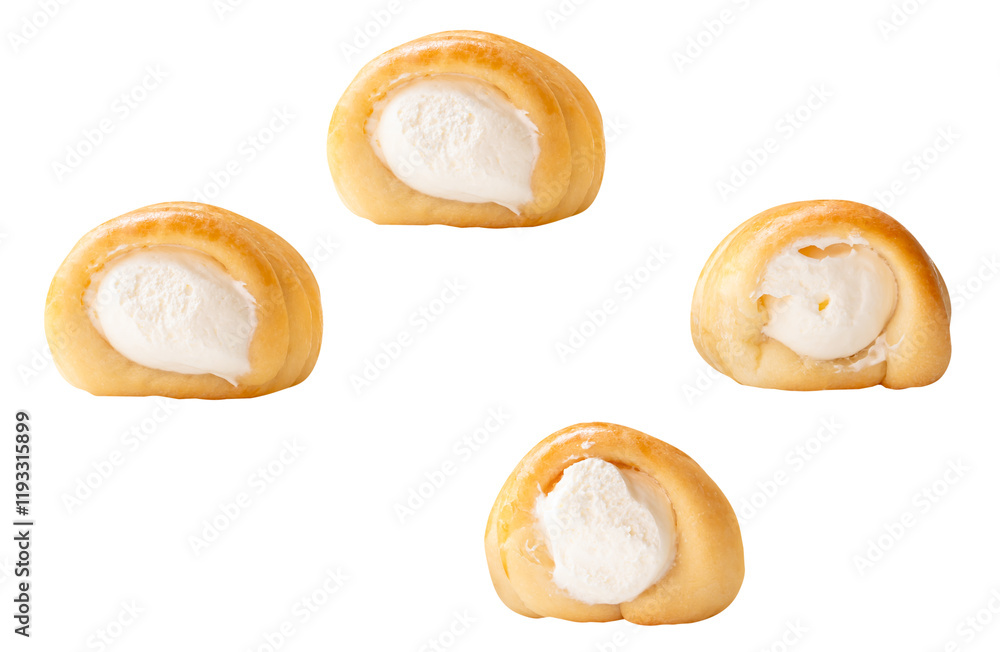 Top view set of puff pastry cream horns isolated on white background with clipping path Top view set of puff pastry cream horns isolated on white background with clipping path