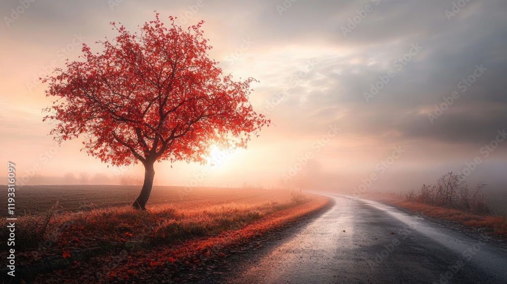 Autumn Sunrise Road Through Foggy Fields Autumn Sunrise Road Through Foggy Fields