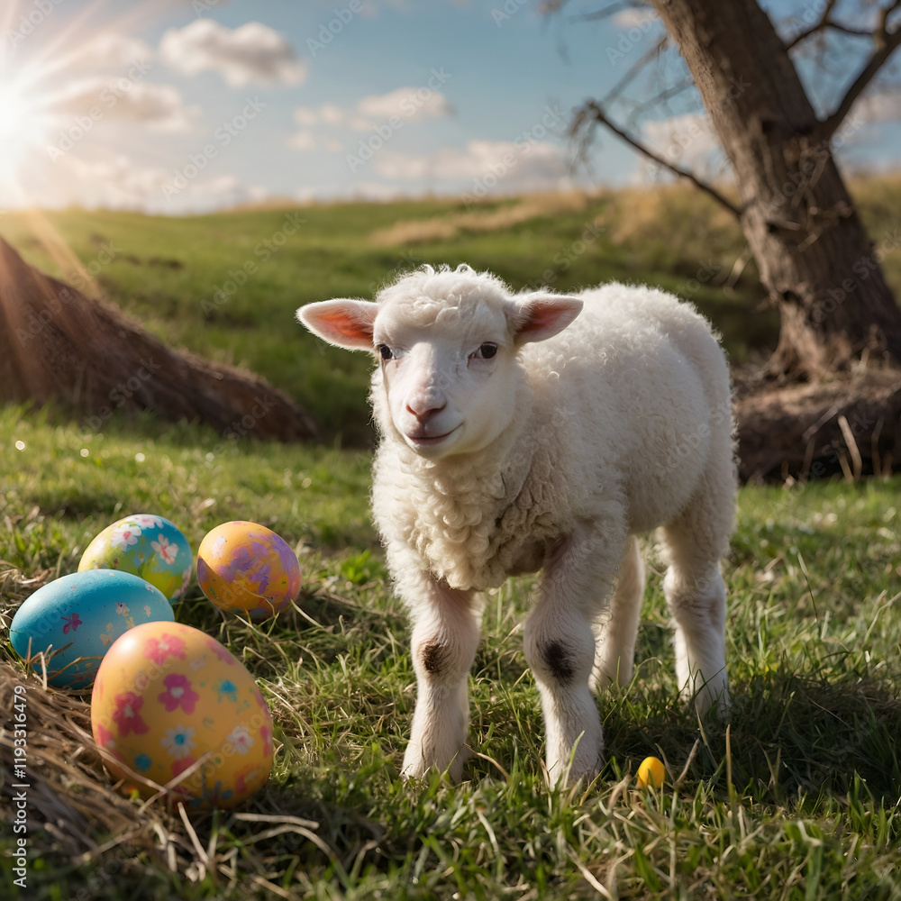 Obraz premium Playful lamb standing next to colorful decorated Easter eggs in a sunny meadow