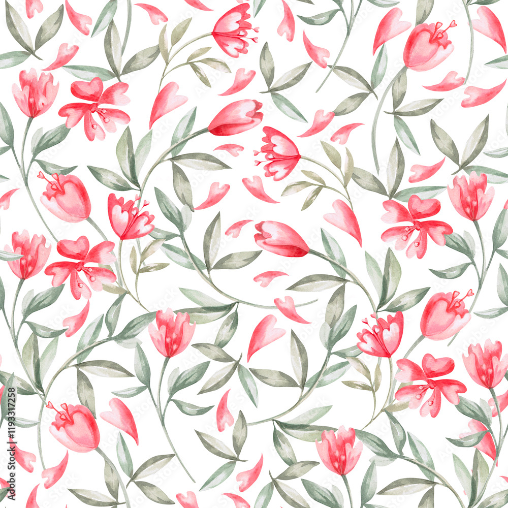 Seamless pattern with meadow flowers in a fairytale style on a white background. Watercolor illustration on the theme of Valentine's Day for cafe decoration, printing on postcards, fabric, packaging. Seamless pattern with meadow flowers in a fairytale style on a white background. Watercolor illustration on the theme of Valentine's Day for cafe decoration, printing on postcards, fabric, packaging.