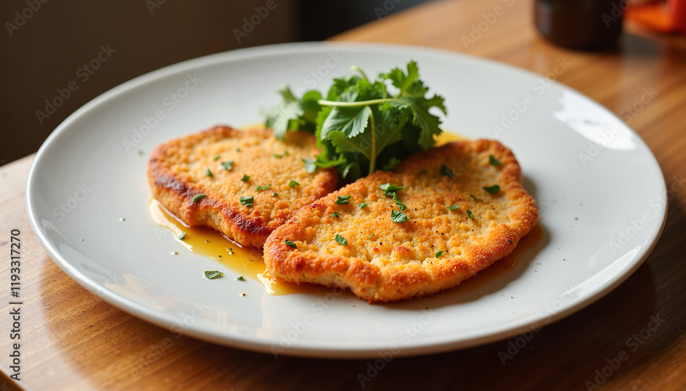 Crispy Veal Schnitzel Served with Fresh Parsley on a White Plate Crispy Veal Schnitzel Served with Fresh Parsley on a White Plate