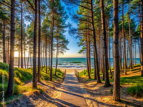 Baltic Sea Beach Entrance, Giruliai, Lithuania - Scenic Pine Tree Pathway photo