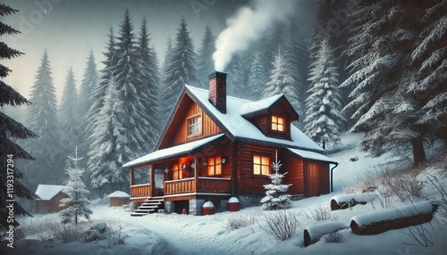 A cozy winter cabin in the woods with smoke rising from the chimney.