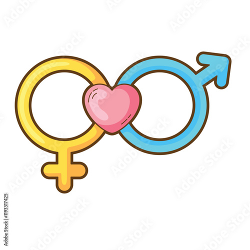 Interlocked gender symbols around a pink heart symbolizing love. Suitable for relationships, gender equality, and love