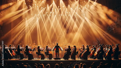 A large orchestra playing on stage under dramatic lighting.