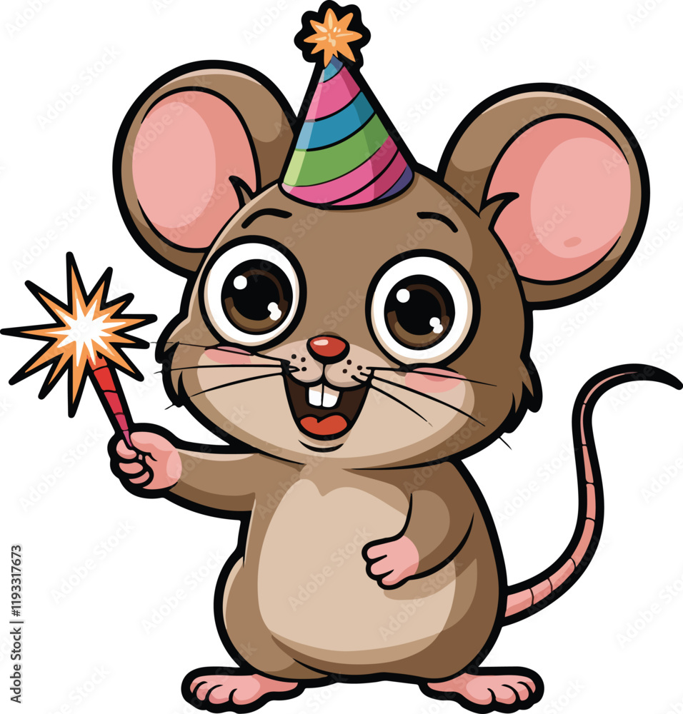 Fototapeta premium Cute cartoon mouse with party hat holding sparkler, perfect for birthday designs.